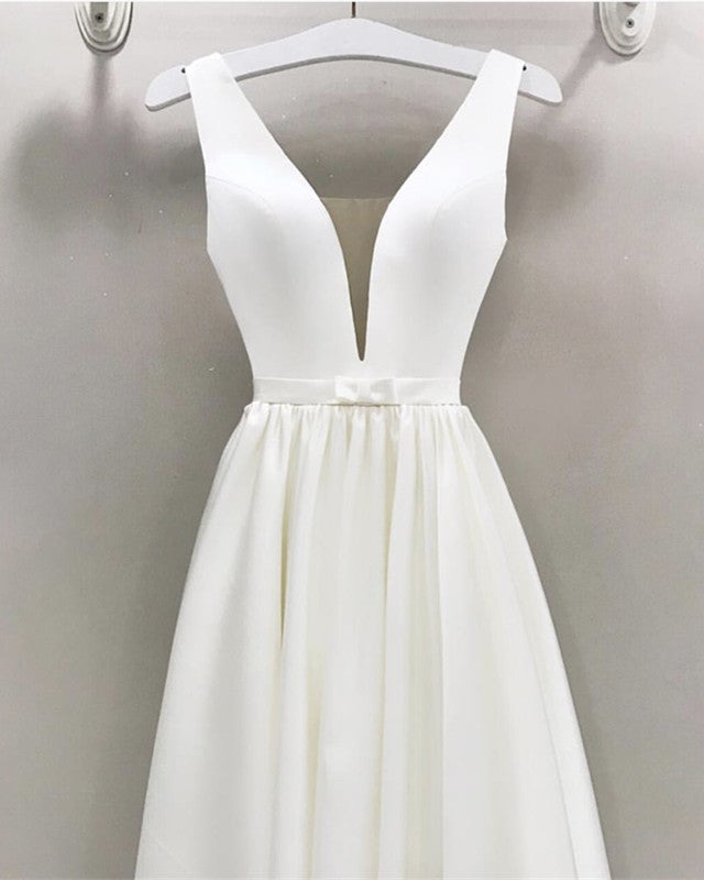 A-line Plunge Neck Floor Length Satin Wedding Dresses