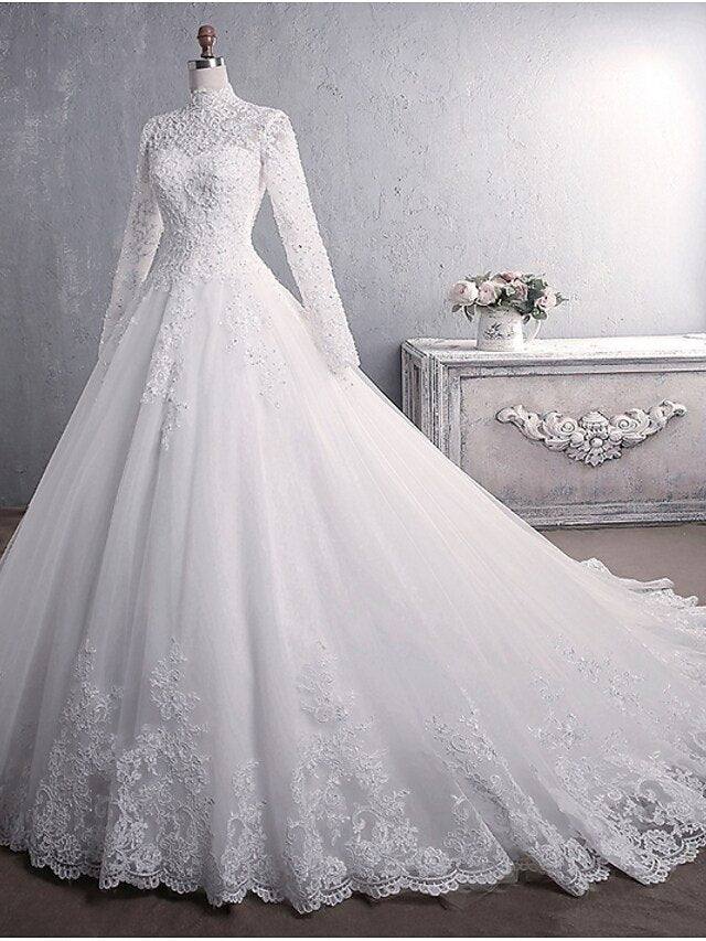 Princess A-Line Wedding Dresses High Neck Court Train Lace Tulle Long Sleeve Formal Romantic Luxurious with Appliques - RongMoon