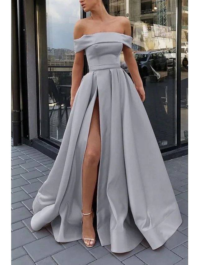 A-Line Minimalist Sexy Engagement Prom Dress Off Shoulder Sleeveless Floor Length Satin with Split - RongMoon