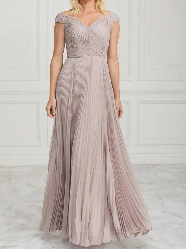 A-Line Mother of the Bride Dress Elegant Off Shoulder Floor Length Chiffon Sleeveless with Pleats Ruching - RongMoon
