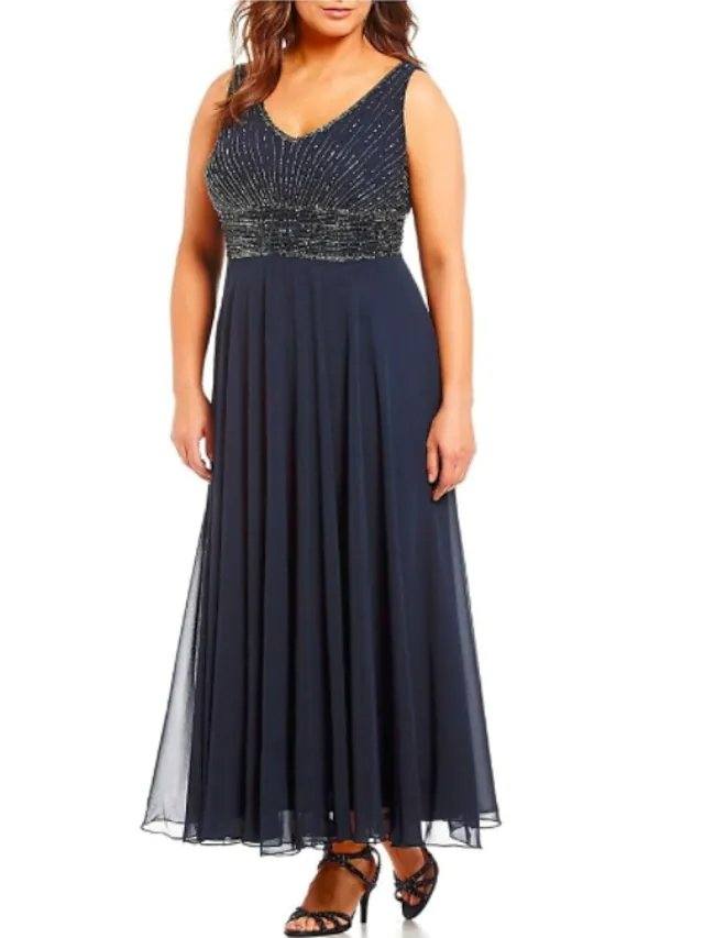 A-Line Mother of the Bride Dress Wrap Included V Neck Ankle Length Chiffon 3/4 Length Sleeve with Beading - RongMoon