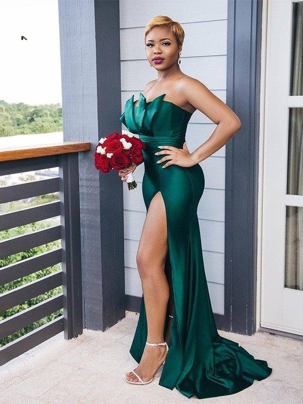 Sheath/Column Off-the-Shoulder Elastic Woven Satin Ruched Sleeveless Sweep/Brush Train Bridesmaid Dresses - RongMoon