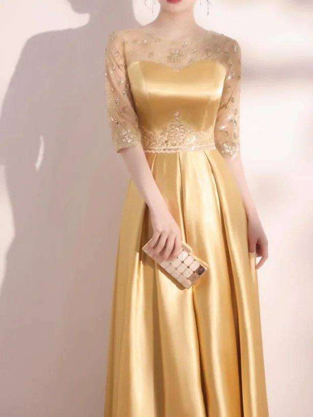 A-Line Elegant Homecoming Formal Evening Dress Jewel Neck Half Sleeve Floor Length Satin with Appliques - RongMoon