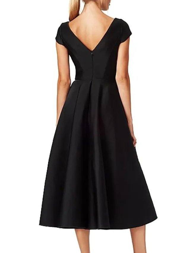 A-Line Mother of the Bride Dress Elegant Jewel Neck Tea Length Satin Short Sleeve with Ruching - RongMoon
