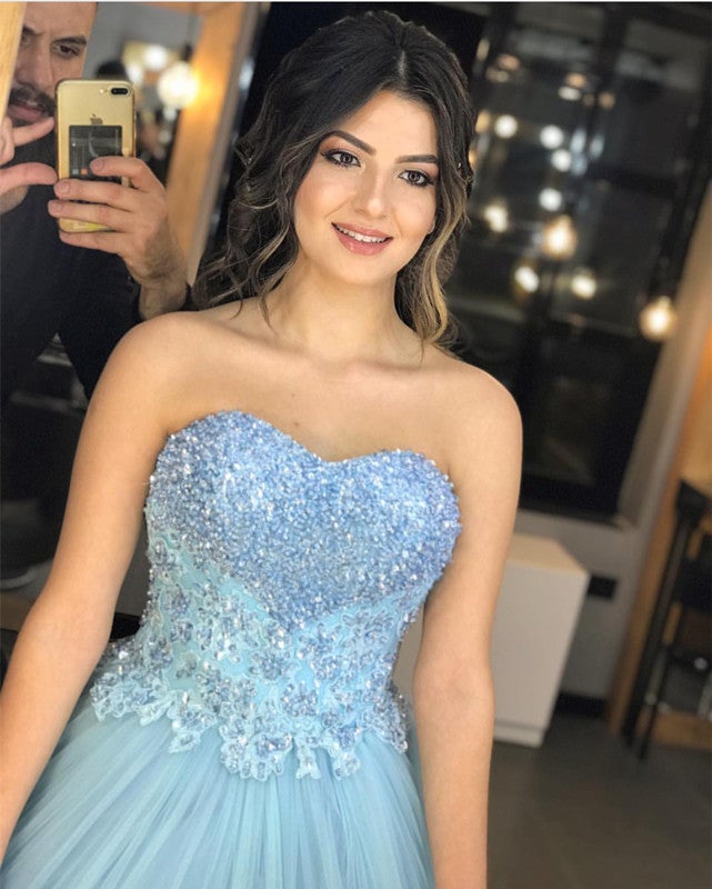 Beaded Sweetheart Bodice Corset Tulle Ball Gowns Prom Dresses Lace Appliques