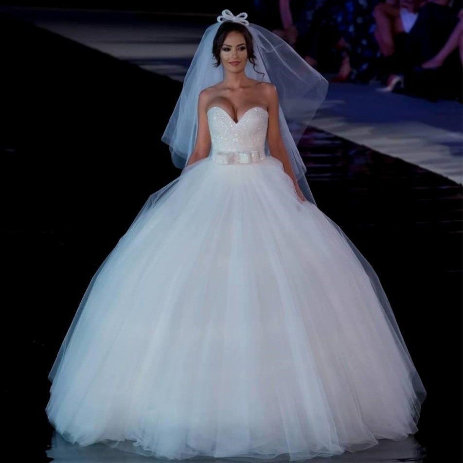 Bling Bling Sequin Beaded Sweetheart Bow Sashes Tulle Ball Gown Wedding Dresses