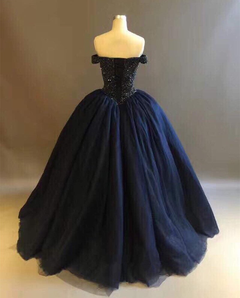 Bling Bodice Corset Navy Blue Ball Gowns Wedding Dresses Off The Shoulder