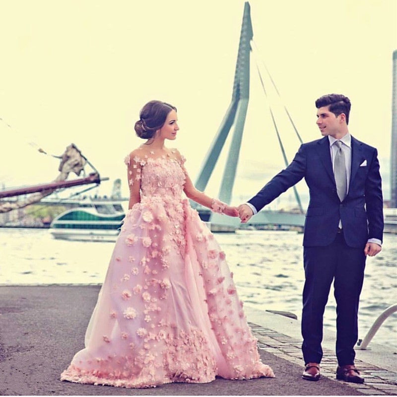 Blush Pink Tulle Long Sleeves Evening Gowns With Floral Flowers