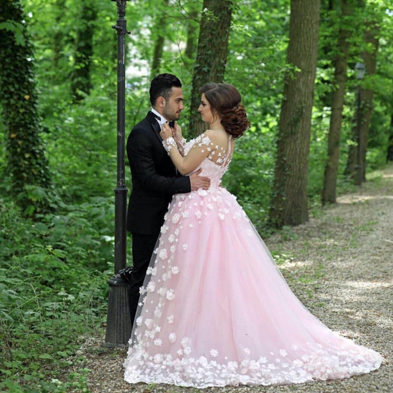 Blush Pink Tulle Long Sleeves Evening Gowns With Floral Flowers
