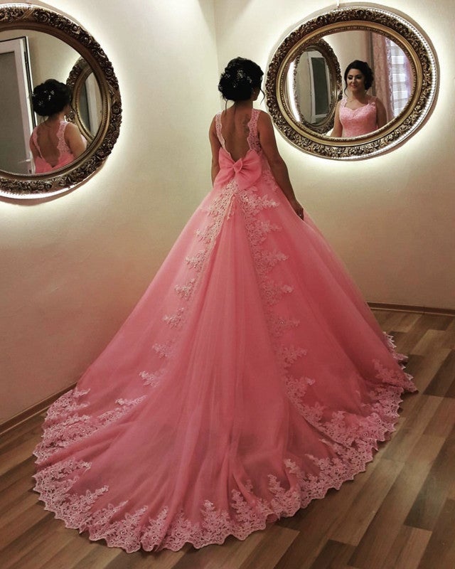 Blush Pink Wedding Dresses Tulle Ball Gown With Bow