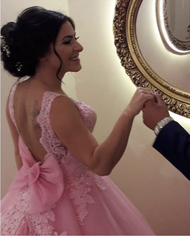 Blush Pink Wedding Dresses Tulle Ball Gown With Bow