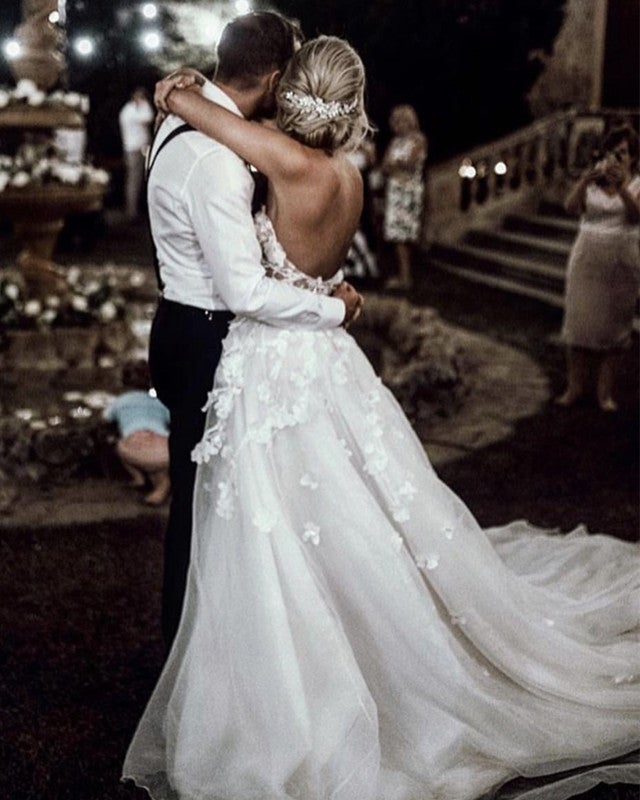 Boho Lace Flowers Sweetheart Tulle Wedding Dresses