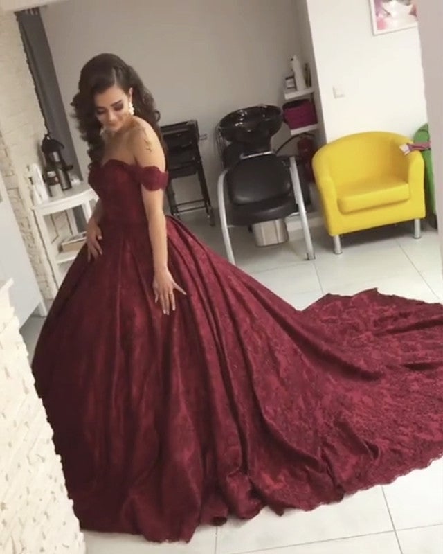 Burgundy Lace Ball Gown Off Shoulder Wedding Dresses