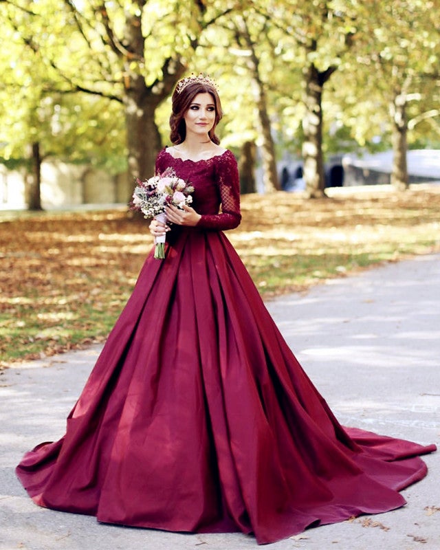 Burgundy Wedding Dress Lace Long Sleeves Ball Gown