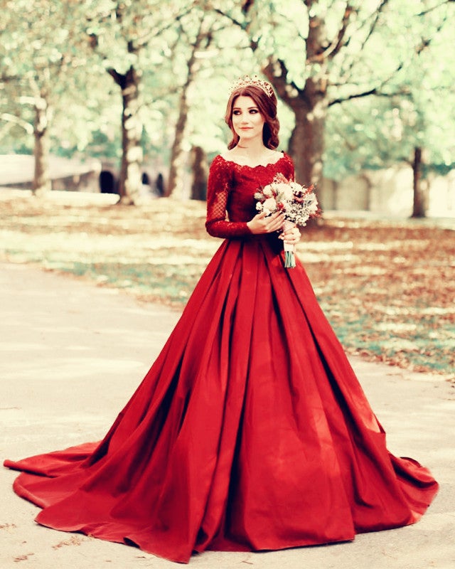 Burgundy Wedding Dress Lace Long Sleeves Ball Gown