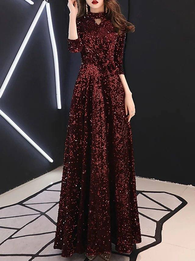A-Line Minimalist Sparkle Prom Formal Evening Dress Jewel Neck 3/4 Length Sleeve Floor Length Sequined with Sequin Solid - RongMoon