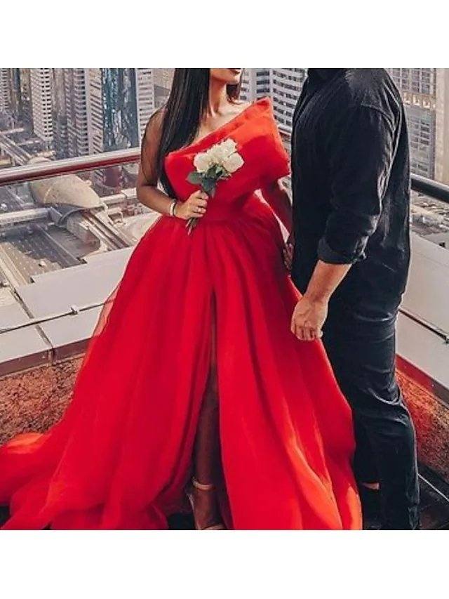 A-Line Luxurious Elegant Engagement Prom Dress One Shoulder Sleeveless Sweep / Brush Train Tulle with Split - RongMoon