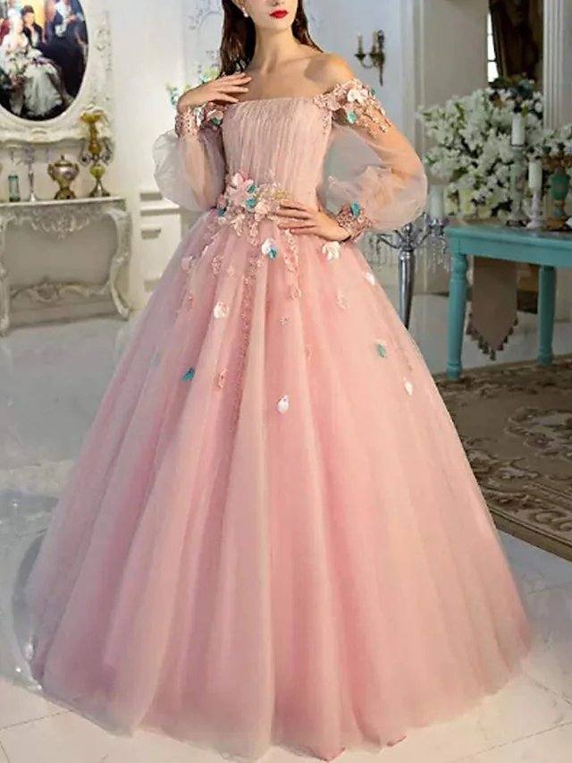 Ball Gown Elegant Floral Quinceanera Prom Dress Off Shoulder Long Sleeve Floor Length Tulle with Pleats Appliques - RongMoon