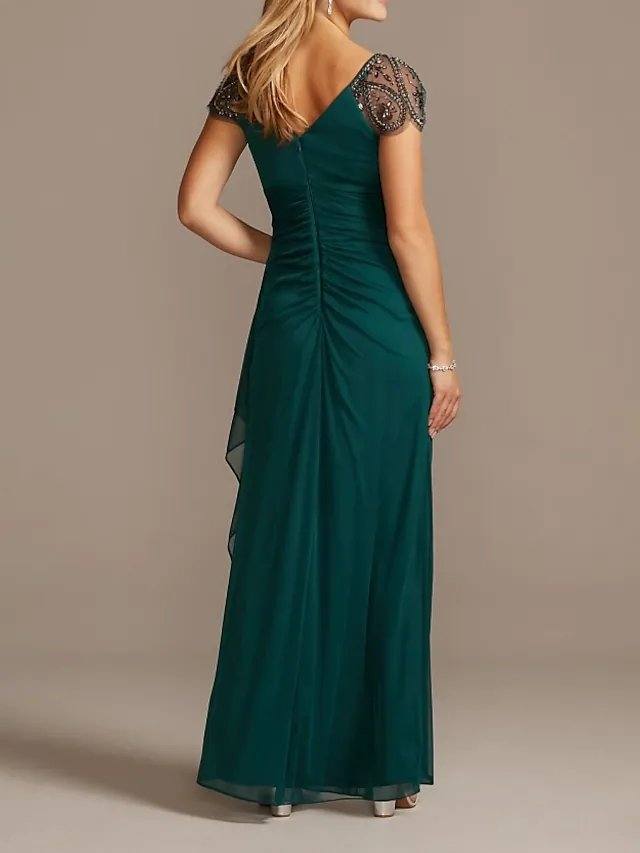 A-Line Mother of the Bride Dress Sexy V Neck Floor Length Chiffon Short Sleeve with Pleats Beading - RongMoon