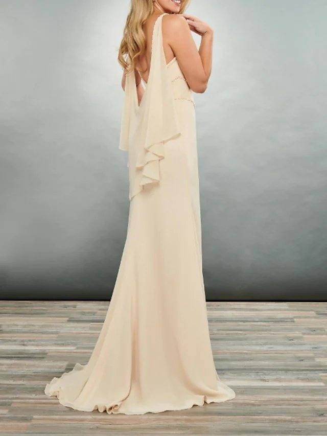 Sheath / Column Mother of the Bride Dress Elegant V Neck Floor Length Chiffon Sleeveless with Tier Ruching - RongMoon