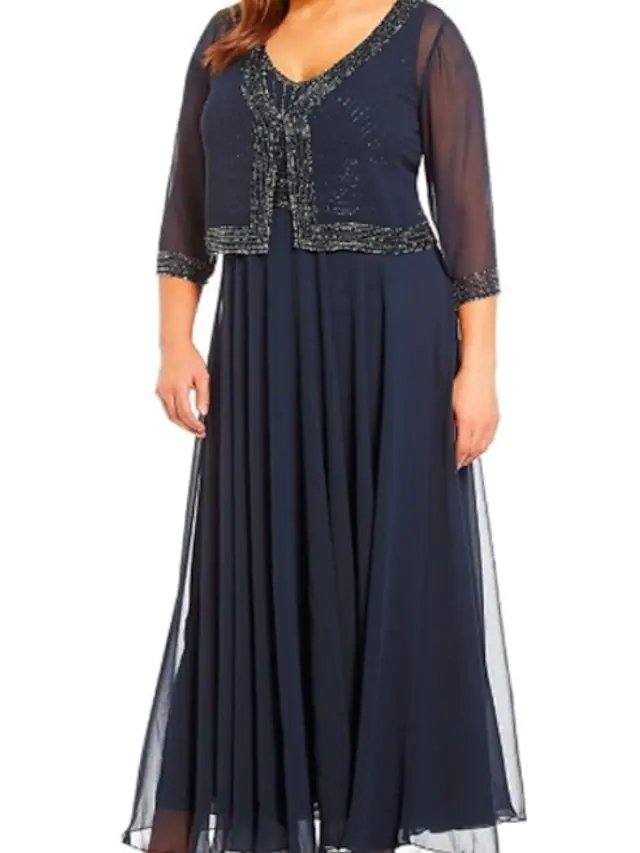 A-Line Mother of the Bride Dress Wrap Included V Neck Ankle Length Chiffon 3/4 Length Sleeve with Beading - RongMoon