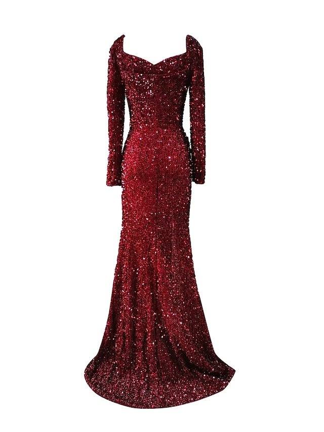 Mermaid / Trumpet Sparkle Sexy Wedding Guest Formal Evening Dress Scoop Neck Long Sleeve Sweep / Brush Train Sequined with Sequin Split - RongMoon
