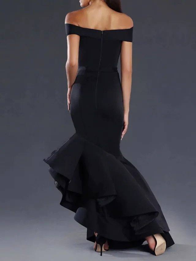 Mermaid / Trumpet Minimalist Sexy Engagement Prom Valentine's Day Dress Off Shoulder Sleeveless Asymmetrical Satin with Sleek Ruffles - RongMoon