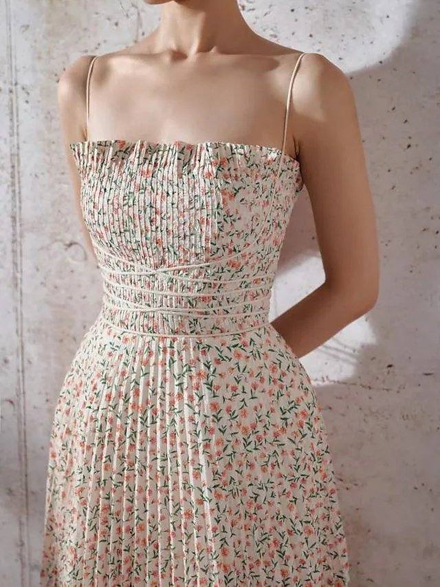 A-Line Minimalist Floral Holiday Prom Dress Spaghetti Strap Sleeveless Tea Length Polyster with Pleats Pattern / Print - RongMoon