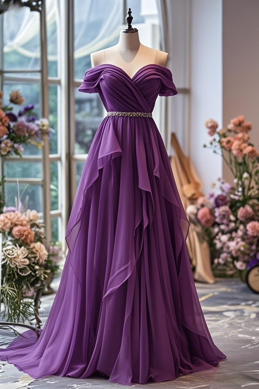 Yellow/Purple A-line Off-shoulder Chiffon Long Prom Dress Formal Evening Gown ED01218