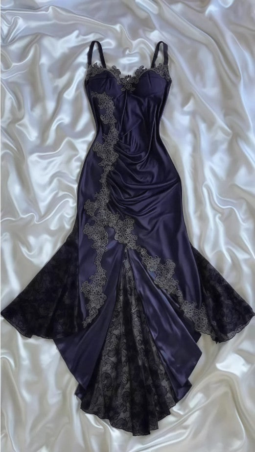 ๐ Elegant Midnight Blue Prom Dress for Vegas Pool Party Party๐ Delicate Lace Appliques Satin Evening Gown ED01319