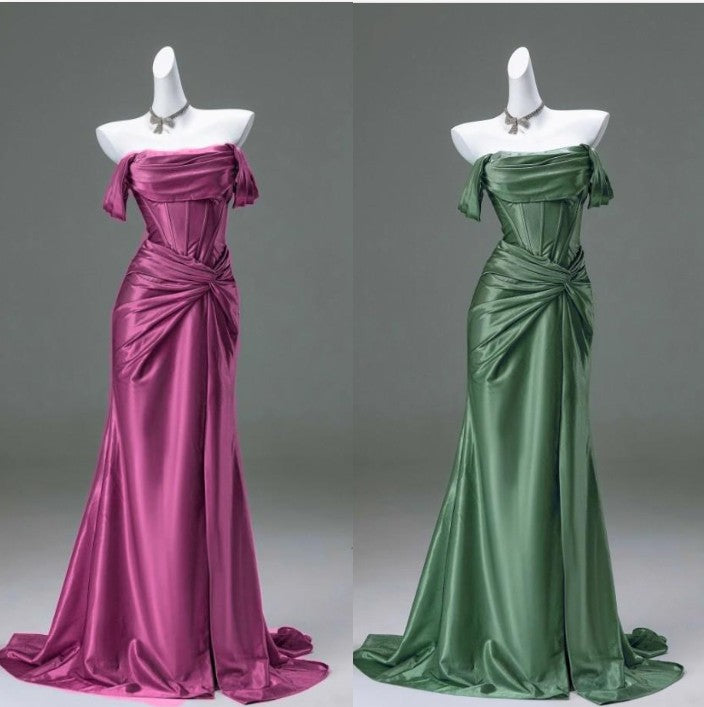 🐟Elegant Mermaid Pleated Satin Evening Dress - Glam Prom Dress for Graduation 💎 Quinceanera with Off-the-Shoulder Design ED01456