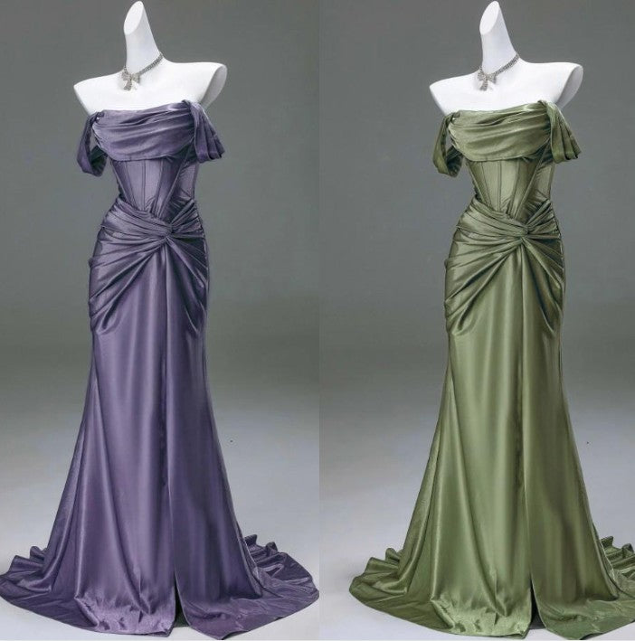 🐟Elegant Mermaid Pleated Satin Evening Dress - Glam Prom Dress for Graduation 💎 Quinceanera with Off-the-Shoulder Design ED01456