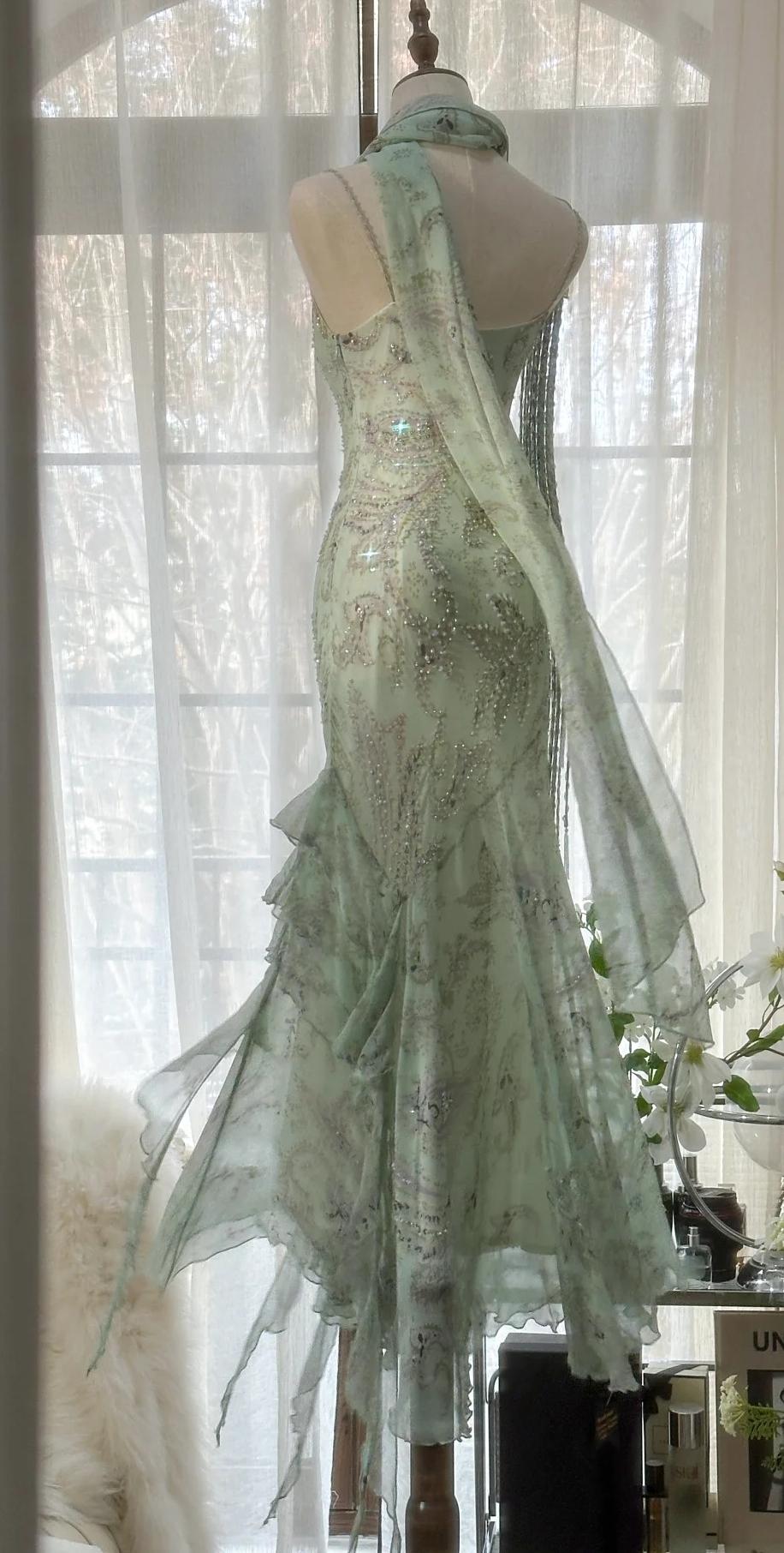 💕Fairytale Pink Beaded Chiffon Prom Dress🎐Vintage Mermaid Gown for Graduation&Quniceanera ED01724