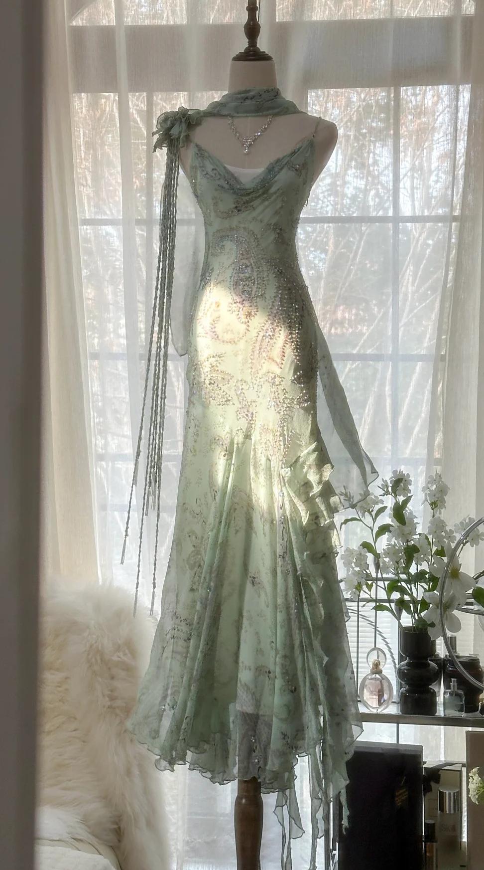 💕Fairytale Pink Beaded Chiffon Prom Dress🎐Vintage Mermaid Gown for Graduation&Quniceanera ED01724