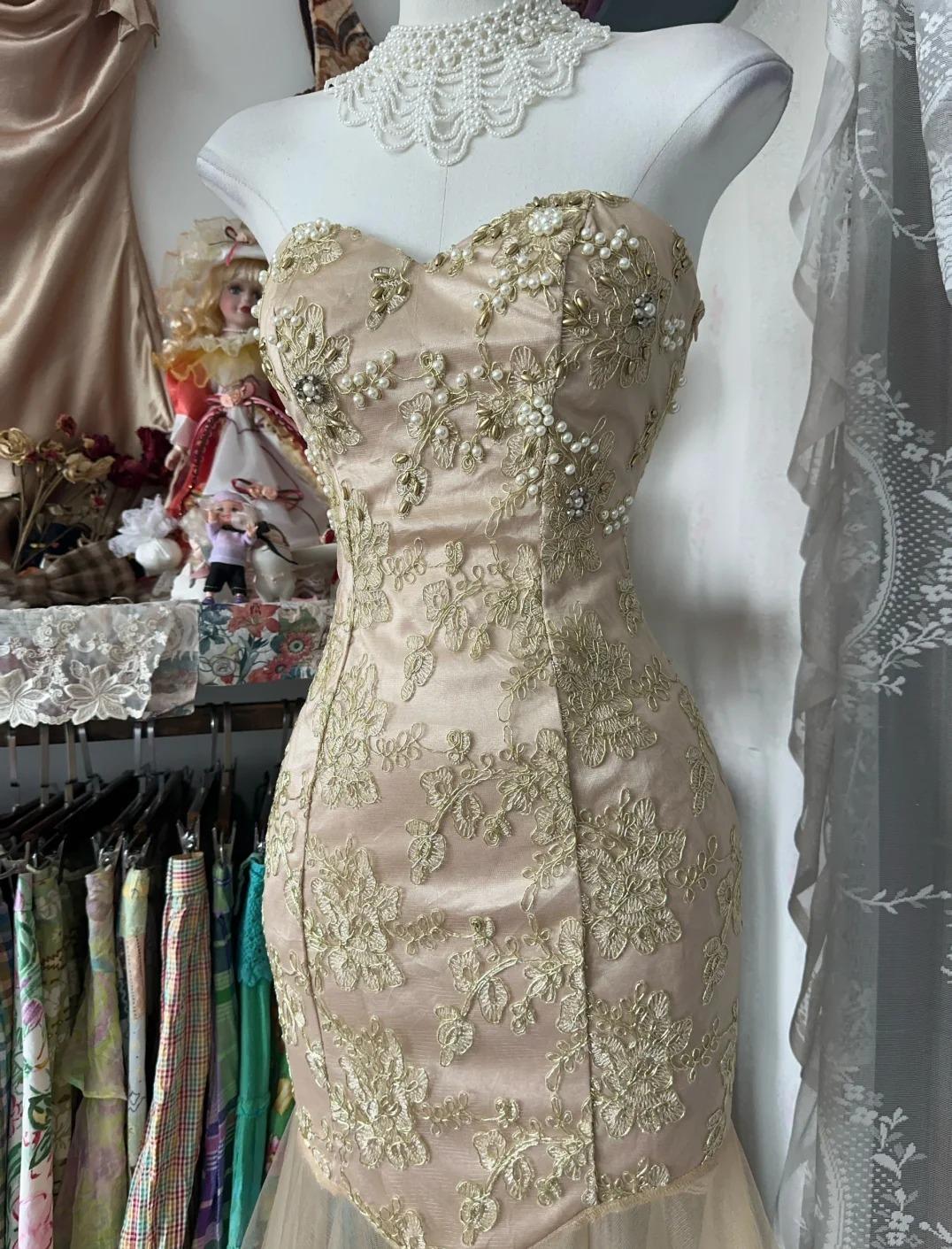Yellow Mermaid Strapless Sweetheart Tulle Beaded Applique Long Prom Dress ED01651