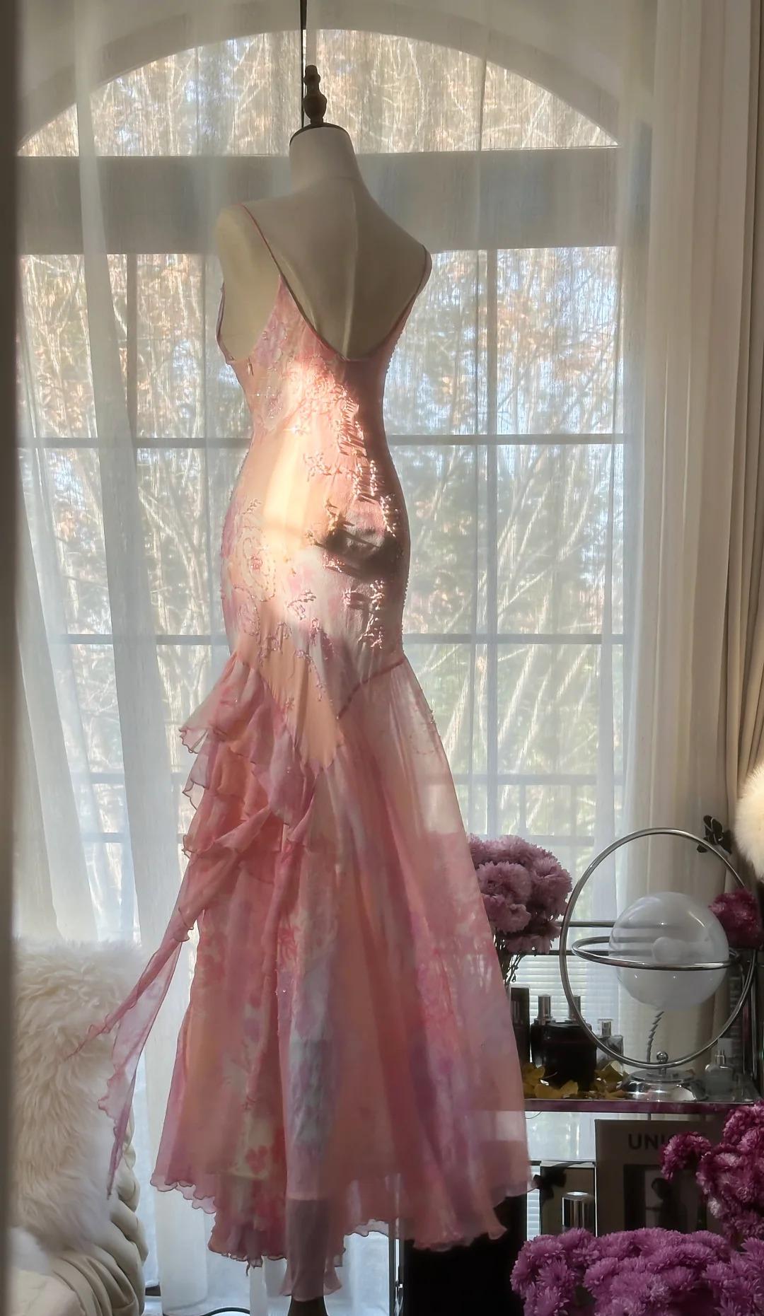 đź’•Fairytale Pink Mermaid Gown for Prom&Party-Vintage Spaghetti Strap Chiffon Beaded Long Evening Dress ED01690