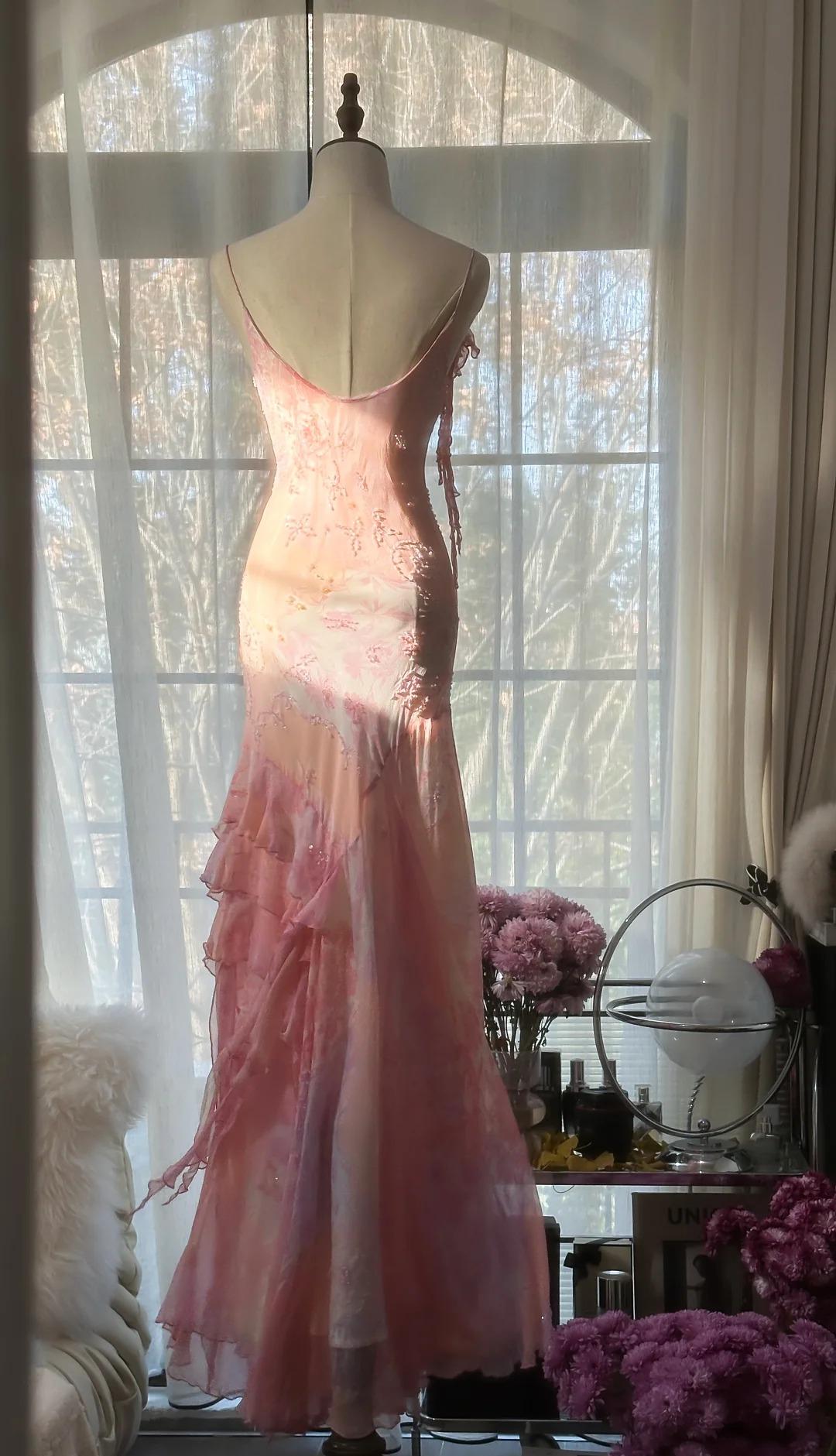 đź’•Fairytale Pink Mermaid Gown for Prom&Party-Vintage Spaghetti Strap Chiffon Beaded Long Evening Dress ED01690