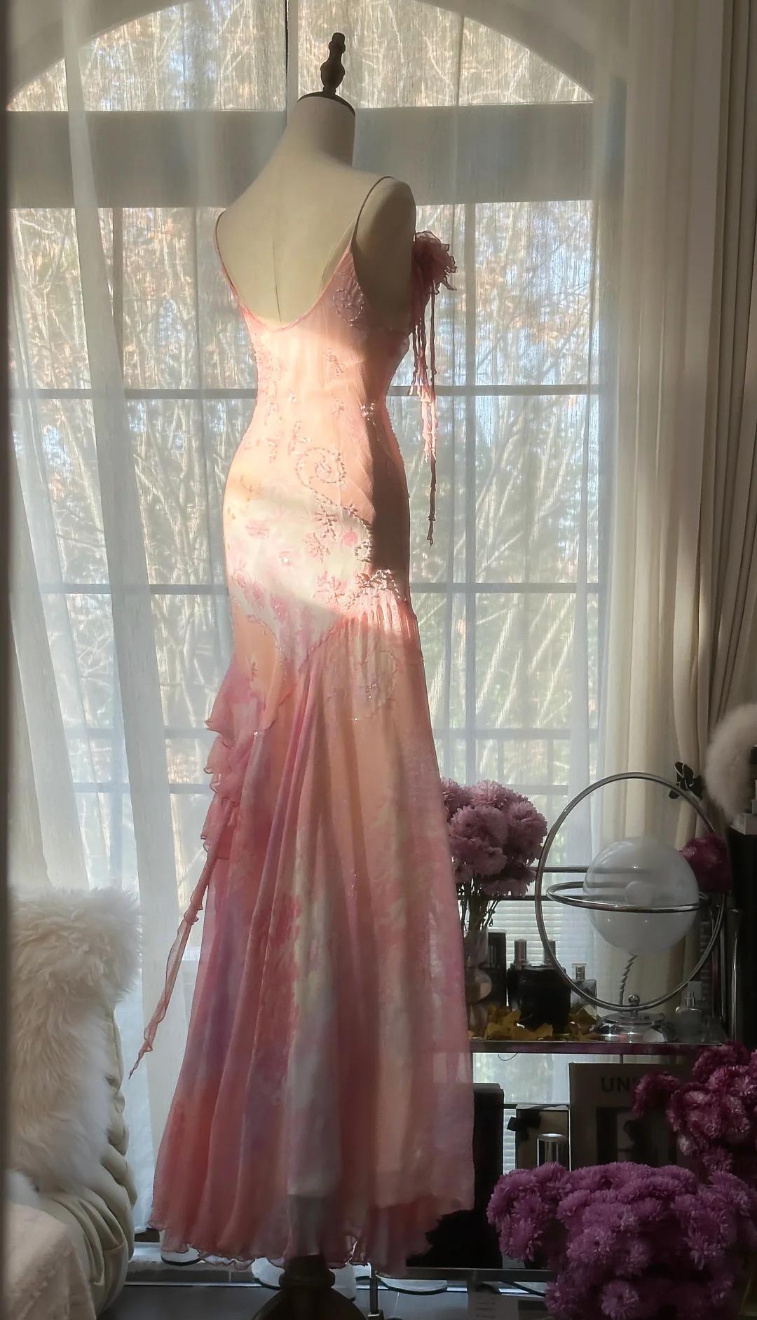 đź’•Fairytale Pink Mermaid Gown for Prom&Party-Vintage Spaghetti Strap Chiffon Beaded Long Evening Dress ED01690