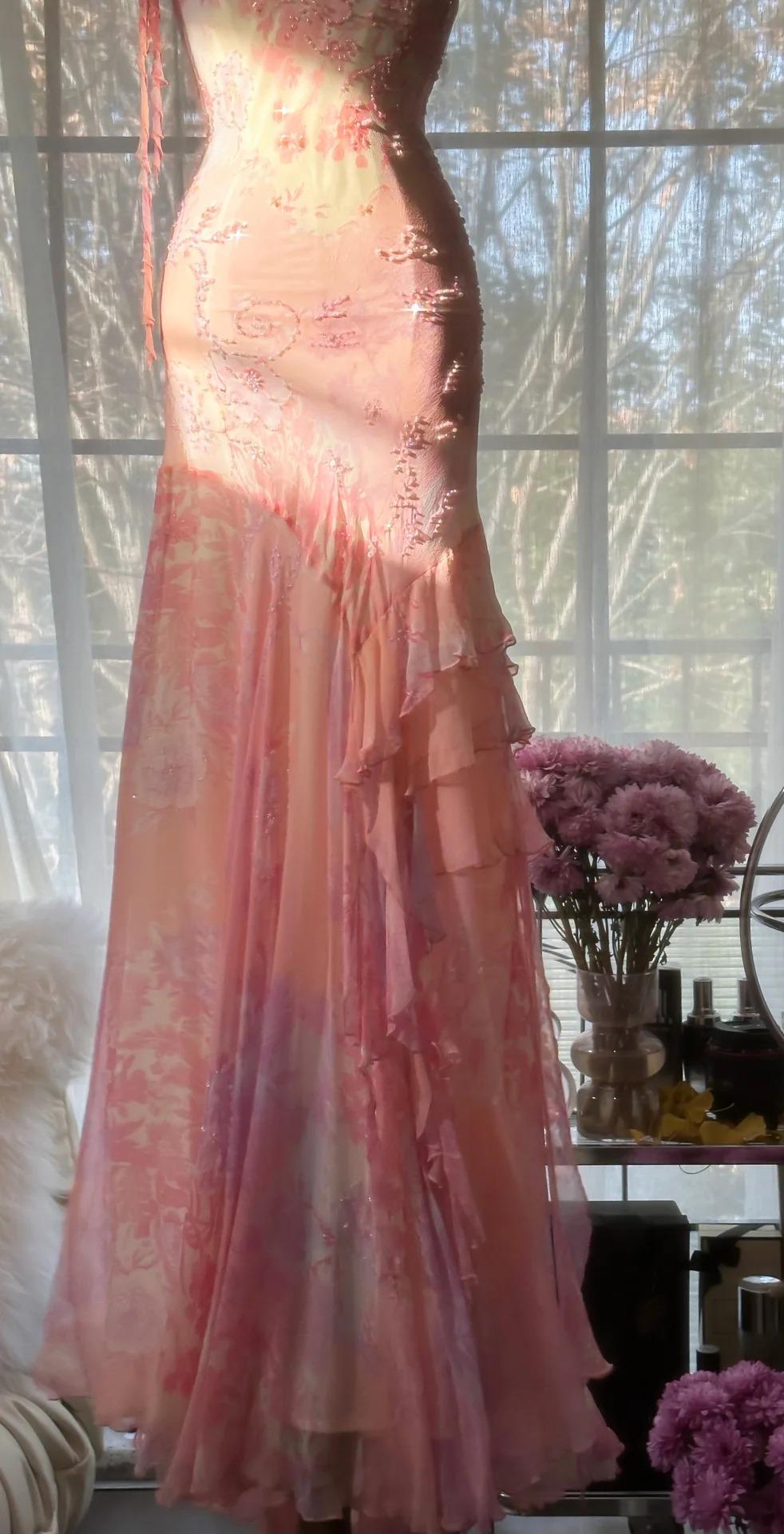 đź’•Fairytale Pink Mermaid Gown for Prom&Party-Vintage Spaghetti Strap Chiffon Beaded Long Evening Dress ED01690