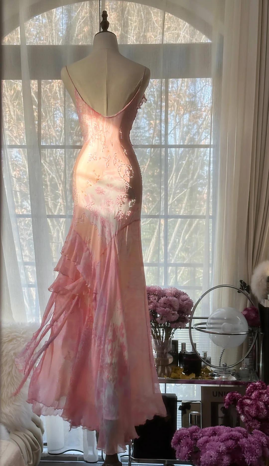 đź’•Fairytale Pink Mermaid Gown for Prom&Party-Vintage Spaghetti Strap Chiffon Beaded Long Evening Dress ED01690