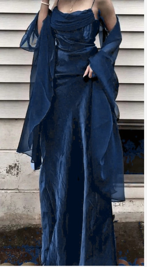 đź’šVintage Dark Green Prom Dress Spaghetti Strap Chiffon Evening Gown with Shawl ED01713