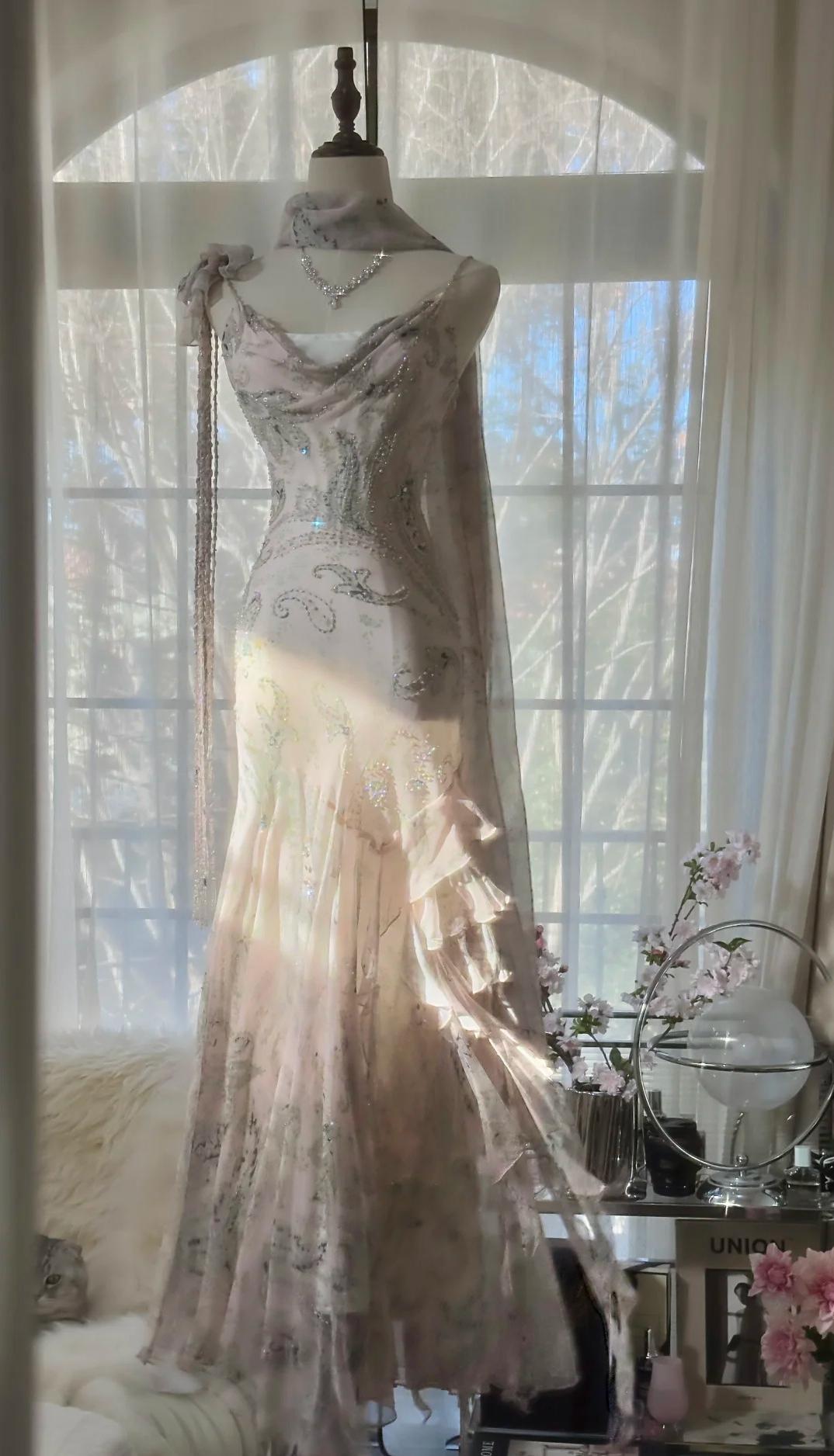 💕Fairytale Pink Beaded Chiffon Prom Dress🎐Vintage Mermaid Gown for Graduation&Quniceanera ED01724