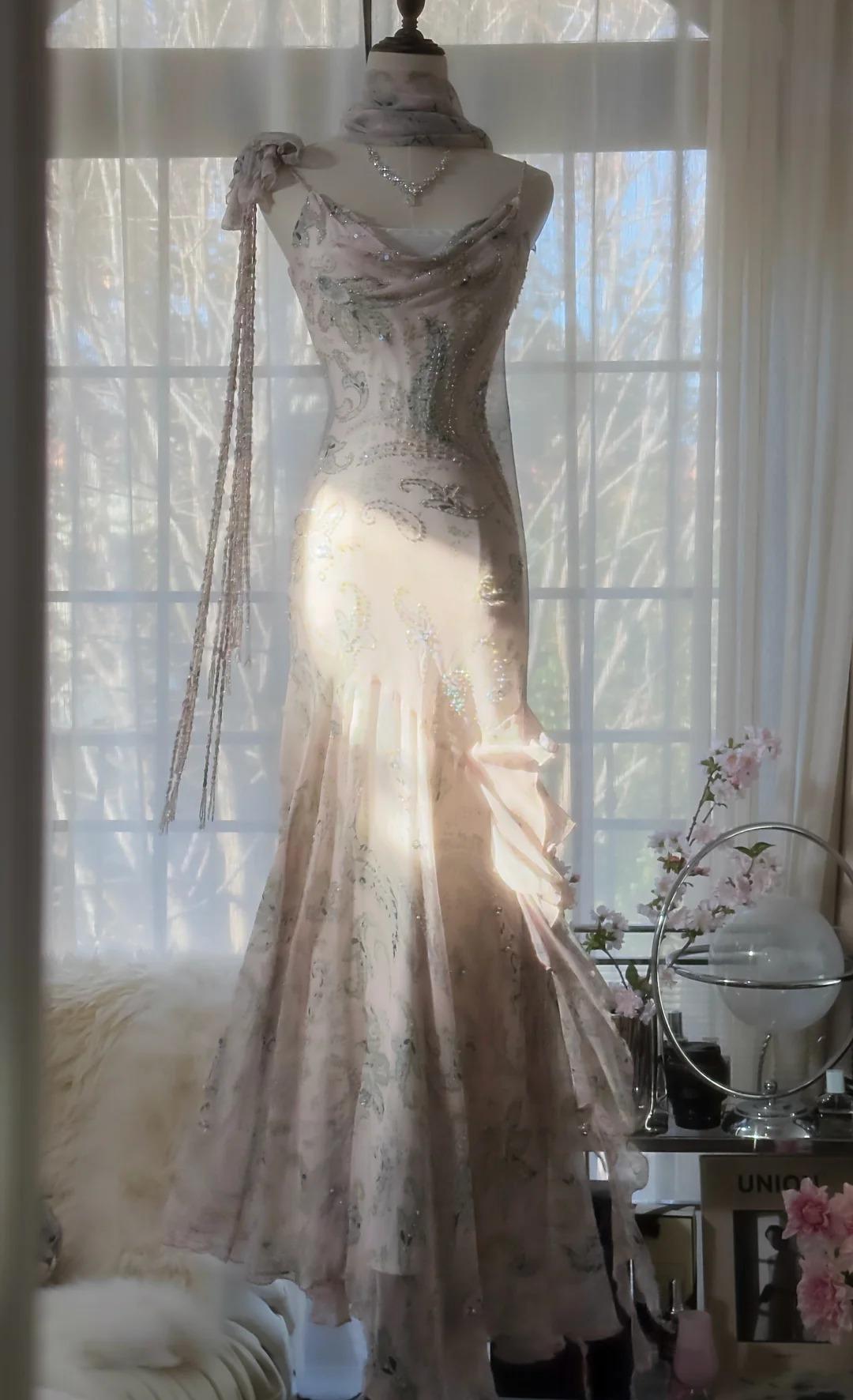 💕Fairytale Pink Beaded Chiffon Prom Dress🎐Vintage Mermaid Gown for Graduation&Quniceanera ED01724