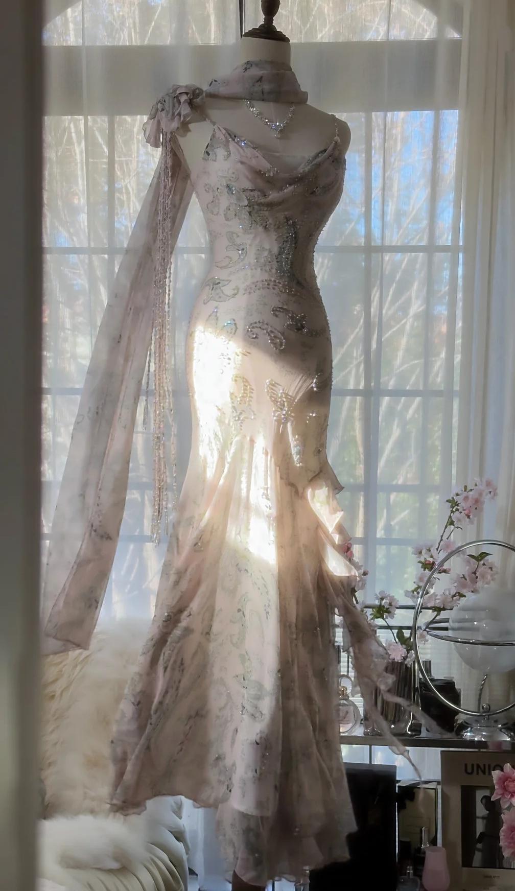 💕Fairytale Pink Beaded Chiffon Prom Dress🎐Vintage Mermaid Gown for Graduation&Quniceanera ED01724