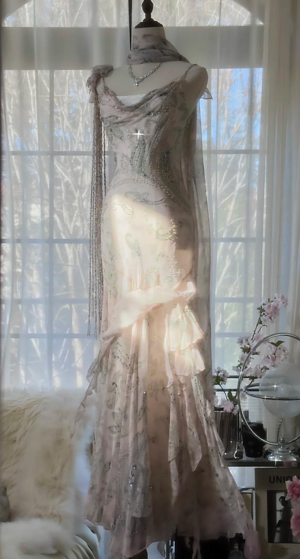 💕Fairytale Pink Beaded Chiffon Prom Dress🎐Vintage Mermaid Gown for Graduation&Quniceanera ED01724
