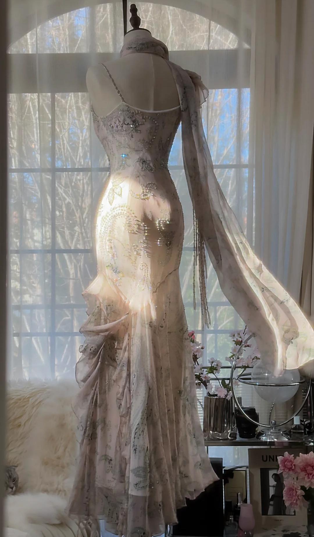 💕Fairytale Pink Beaded Chiffon Prom Dress🎐Vintage Mermaid Gown for Graduation&Quniceanera ED01724