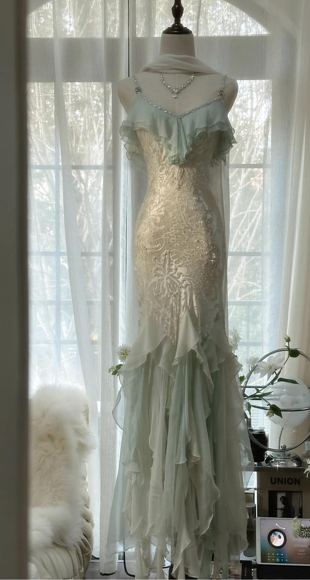 🎊Romantic Vintage Mint Green Prom Dress-Ruffled Chiffon &Beadwork Fairytale Mermaid Gown for Quinceanera&Events🍀 ED01725