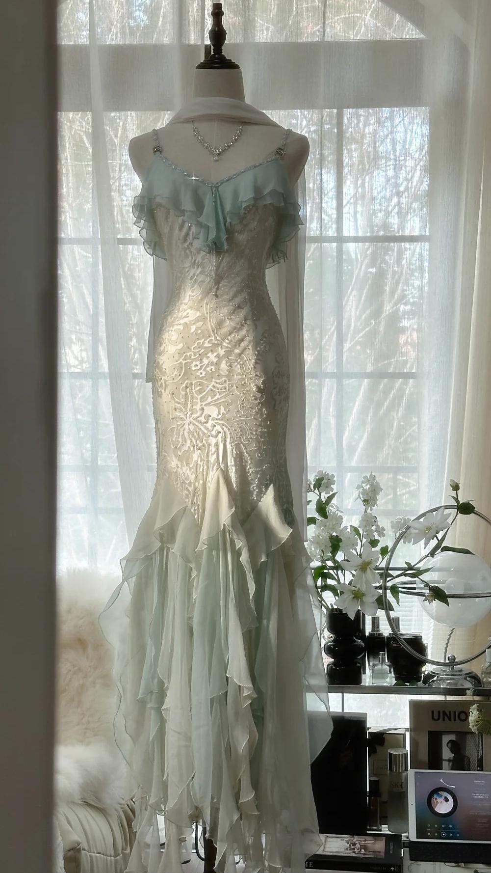 🎊Romantic Vintage Mint Green Prom Dress-Ruffled Chiffon &Beadwork Fairytale Mermaid Gown for Quinceanera&Events🍀 ED01725
