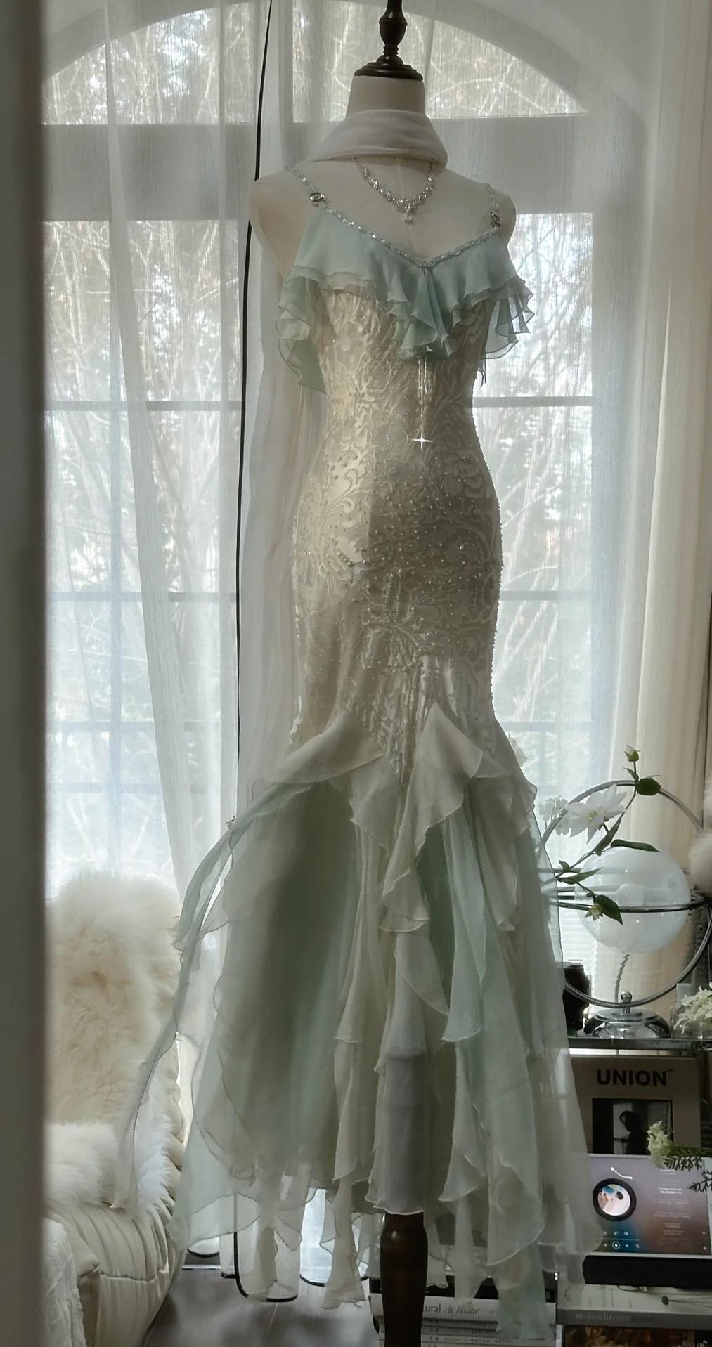 🎊Romantic Vintage Mint Green Prom Dress-Ruffled Chiffon &Beadwork Fairytale Mermaid Gown for Quinceanera&Events🍀 ED01725