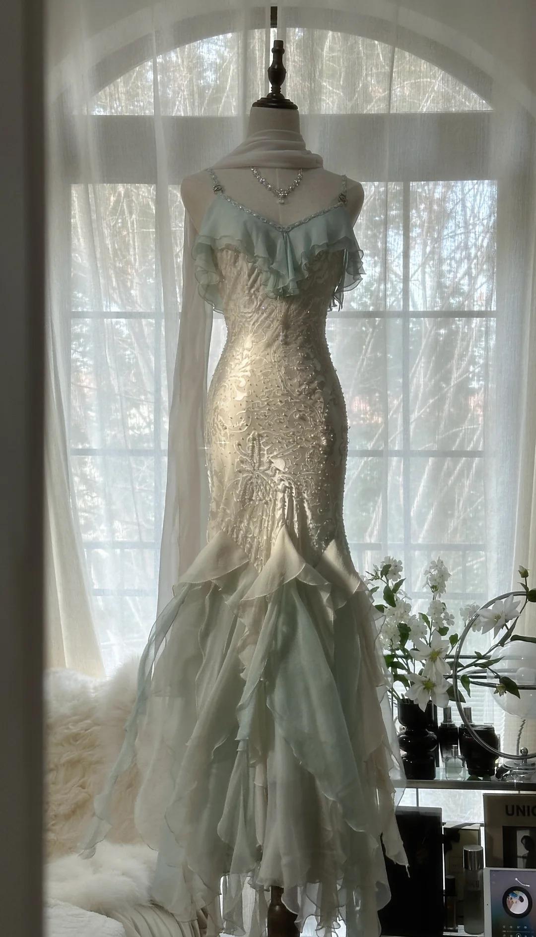 🎊Romantic Vintage Mint Green Prom Dress-Ruffled Chiffon &Beadwork Fairytale Mermaid Gown for Quinceanera&Events🍀 ED01725